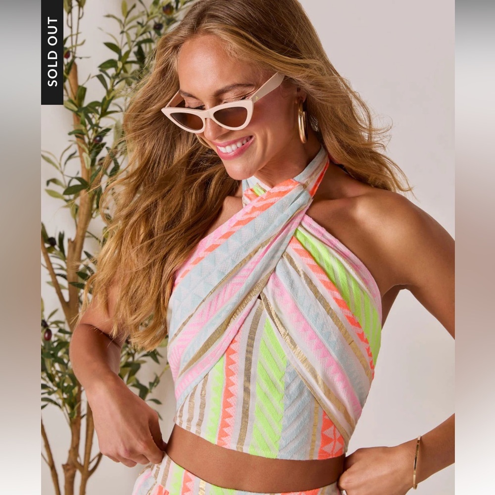Vici Neon Pastel Stripe Halter Crop Top - Pink, Lime, Coral, Blue